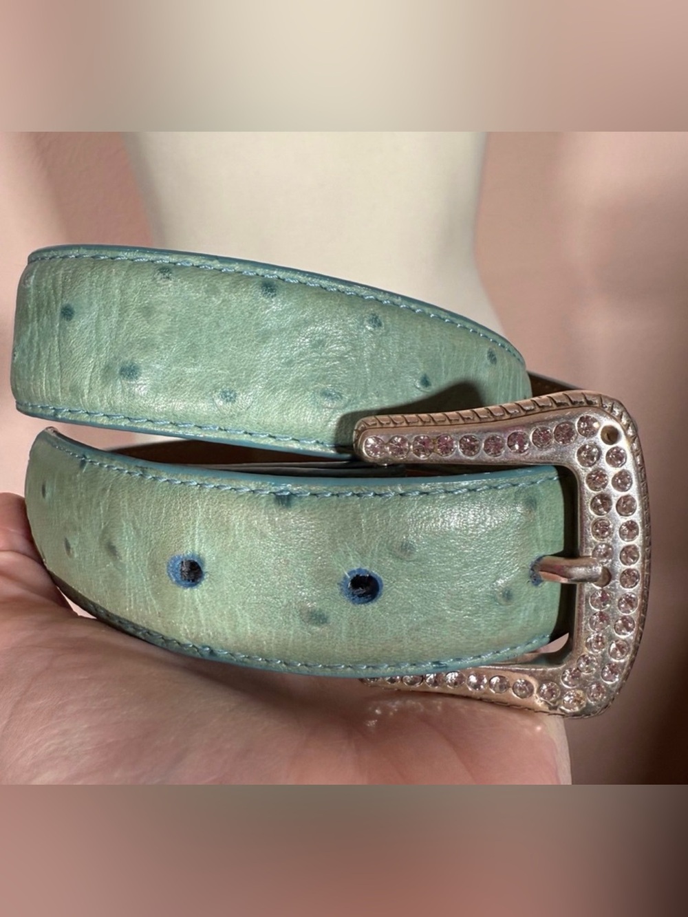 Roper turquoise ostrich embossed leather rhinestone silver buckle western belt - Picture 3 of 14